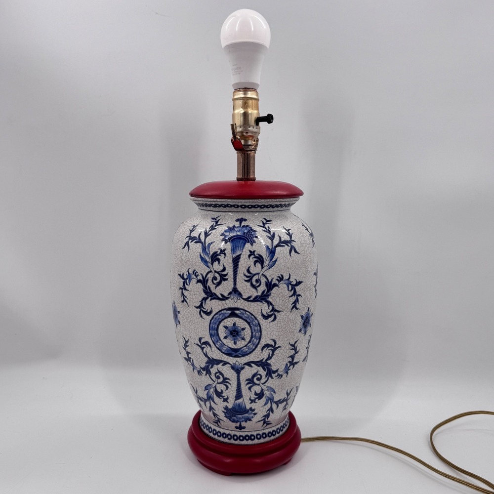 Vintage Blue White Chinoiserie Crackle Glaze Ceramic Table Lamp Red Wood Base